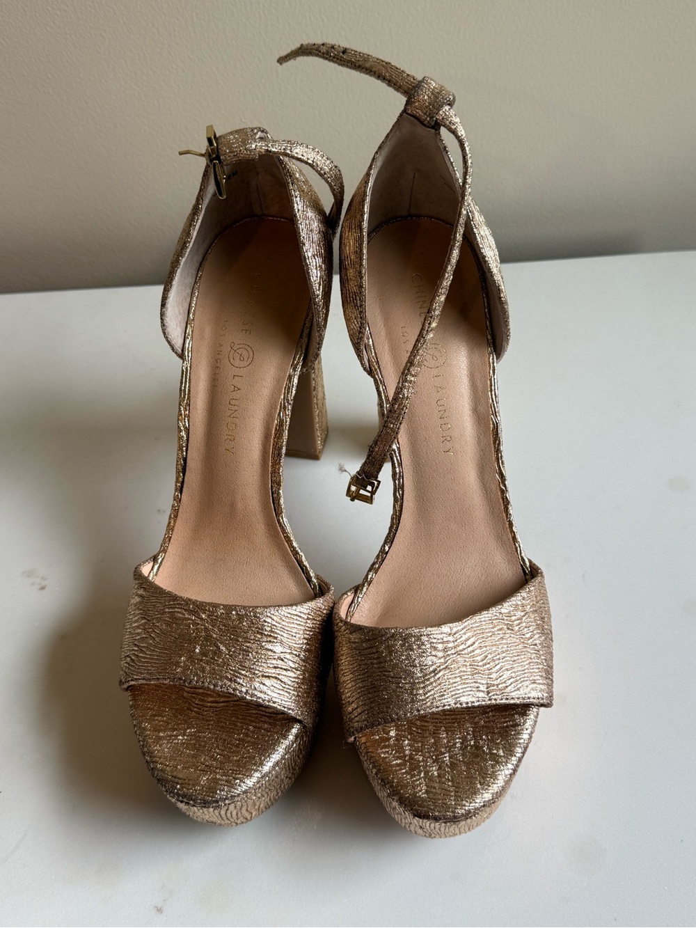 Laundry by Shelli Segal Shimmery Gold Platform Heels with Ankle Strap